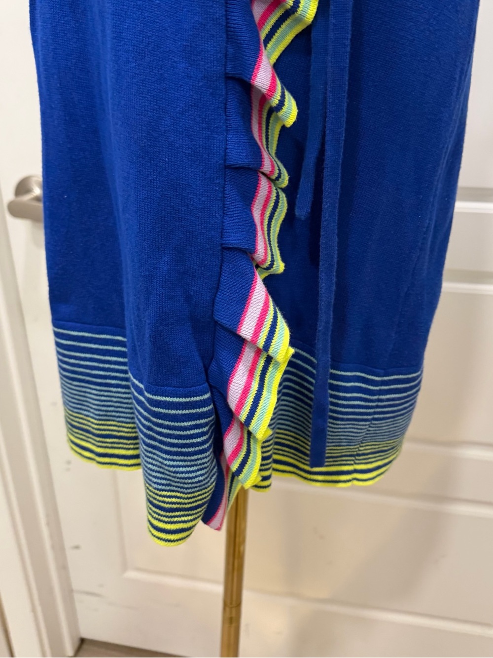 Royal Blue Ruffle-Trim Sweater Knit Wrap Dress with Multicolor Stripes - Picture 5 of 6